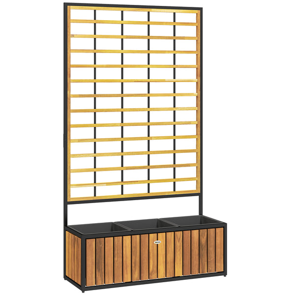 Jardinière avec treillis, lit surélevé de jardin, jardinière extérieure avec trous de drainage, bac à fleurs en bois d'acacia et acier pour balcon patio, 74 x 27 x 131 cm, teck