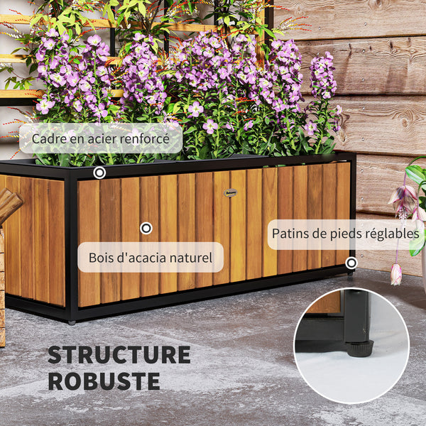 Jardinière avec treillis, lit surélevé de jardin, jardinière extérieure avec trous de drainage, bac à fleurs en bois d'acacia et acier pour balcon patio, 74 x 27 x 131 cm, teck