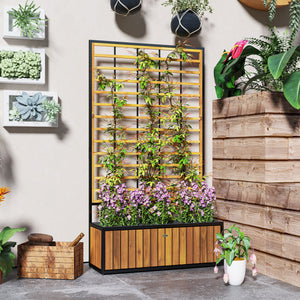 Jardinière avec treillis, lit surélevé de jardin, jardinière extérieure avec trous de drainage, bac à fleurs en bois d'acacia et acier pour balcon patio, 74 x 27 x 131 cm, teck