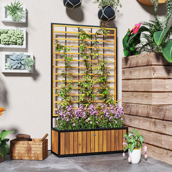 Jardinière avec treillis, lit surélevé de jardin, jardinière extérieure avec trous de drainage, bac à fleurs en bois d'acacia et acier pour balcon patio, 74 x 27 x 131 cm, teck