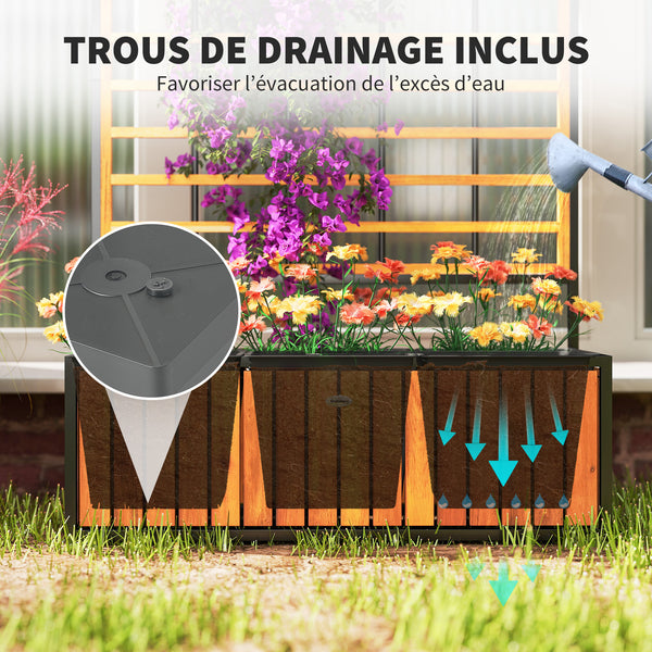 Jardinière avec treillis, lit surélevé de jardin, jardinière extérieure avec trous de drainage, bac à fleurs en bois d'acacia et acier pour balcon patio, 74 x 27 x 131 cm, teck