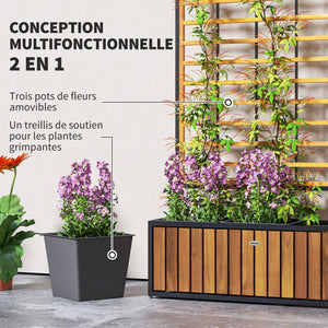 Jardinière avec treillis, lit surélevé de jardin, jardinière extérieure avec trous de drainage, bac à fleurs en bois d'acacia et acier pour balcon patio, 74 x 27 x 131 cm, teck