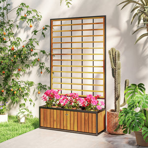 Jardinière avec treillis, lit surélevé de jardin, jardinière extérieure avec trous de drainage, bac à fleurs en bois d'acacia et acier pour balcon patio, 74 x 27 x 131 cm, teck