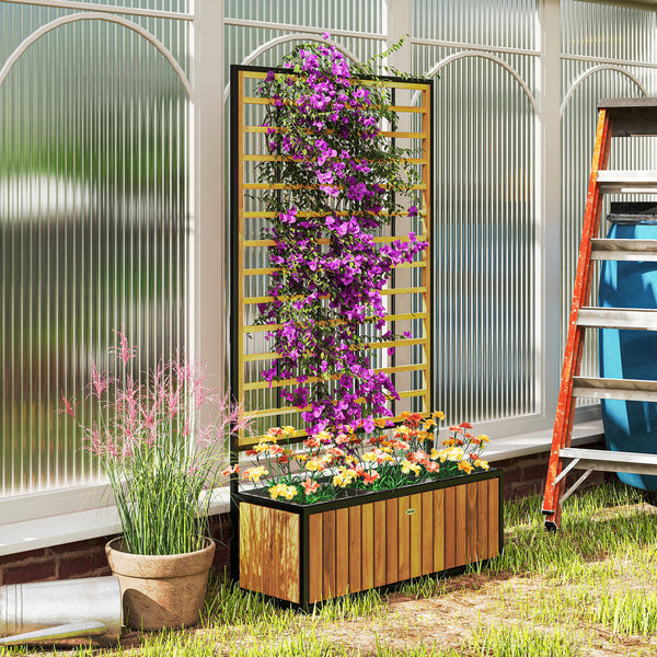 Jardinière avec treillis, lit surélevé de jardin, jardinière extérieure avec trous de drainage, bac à fleurs en bois d'acacia et acier pour balcon patio, 74 x 27 x 131 cm, teck
