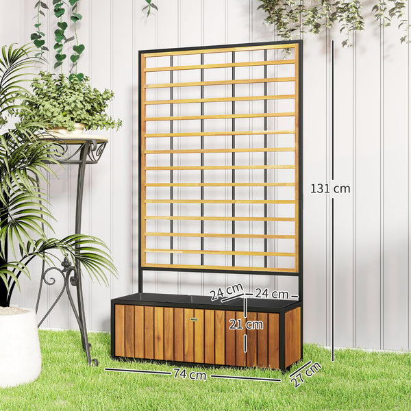 Jardinière avec treillis, lit surélevé de jardin, jardinière extérieure avec trous de drainage, bac à fleurs en bois d'acacia et acier pour balcon patio, 74 x 27 x 131 cm, teck