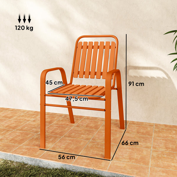 Lot de 4 chaises de jardin chaises empilables d'extérieur avec haut dossier et accoudoirs, cadre en acier pour jardin, piscine, terrasse, orange