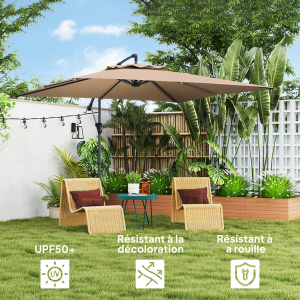 Parasol déporté carré 3 x 3 m, parasol de jardin extérieur avec manivelle, base croisée, parasol inclinable et rotation à 360°, toile polyester 180 g/m², protection UV UPF50+, kaki