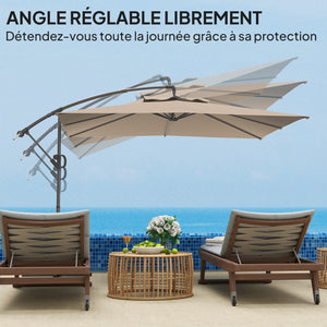 Parasol déporté carré 3 x 3 m, parasol de jardin extérieur avec manivelle, base croisée, parasol inclinable et rotation à 360°, toile polyester 180 g/m², protection UV UPF50+, kaki