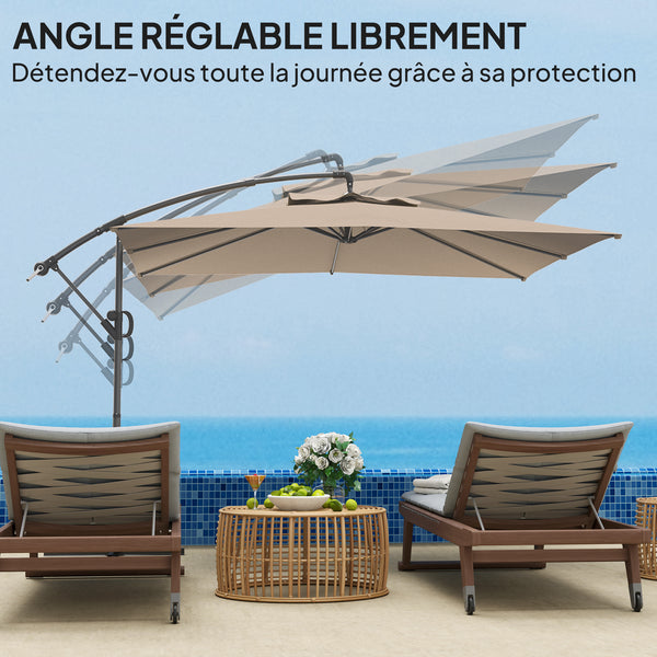 Parasol déporté carré 3 x 3 m, parasol de jardin extérieur avec manivelle, base croisée, parasol inclinable et rotation à 360°, toile polyester 180 g/m², protection UV UPF50+, kaki
