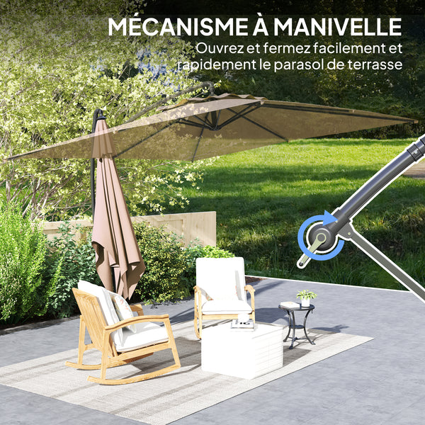 Parasol déporté carré 3 x 3 m, parasol de jardin extérieur avec manivelle, base croisée, parasol inclinable et rotation à 360°, toile polyester 180 g/m², protection UV UPF50+, kaki