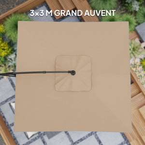 Parasol déporté carré 3 x 3 m, parasol de jardin extérieur avec manivelle, base croisée, parasol inclinable et rotation à 360°, toile polyester 180 g/m², protection UV UPF50+, kaki