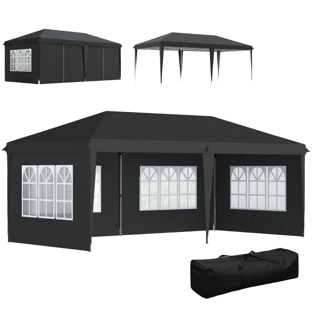 Tonnelle de jardin extérieure pop-up pliante - tente de réception - 3 x 6 m - pavillon chapiteau barnum - 3 cotés démontables - piquets d'ancrage au sol + sac de transport inclus noir