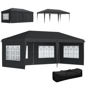 Tonnelle de jardin extérieure pop-up pliante - tente de réception - 3 x 6 m - pavillon chapiteau barnum - 3 cotés démontables - piquets d'ancrage au sol + sac de transport inclus noir