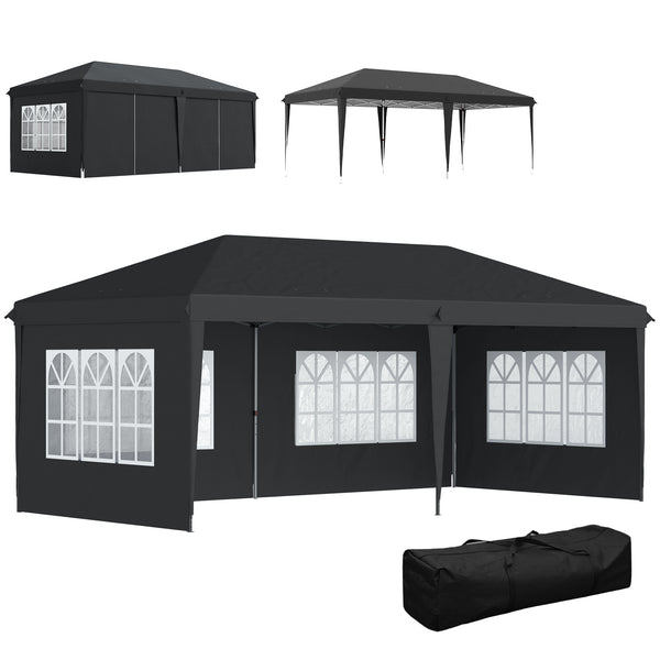 Tonnelle de jardin extérieure pop-up pliante - tente de réception - 3 x 6 m - pavillon chapiteau barnum - 3 cotés démontables - piquets d'ancrage au sol + sac de transport inclus noir
