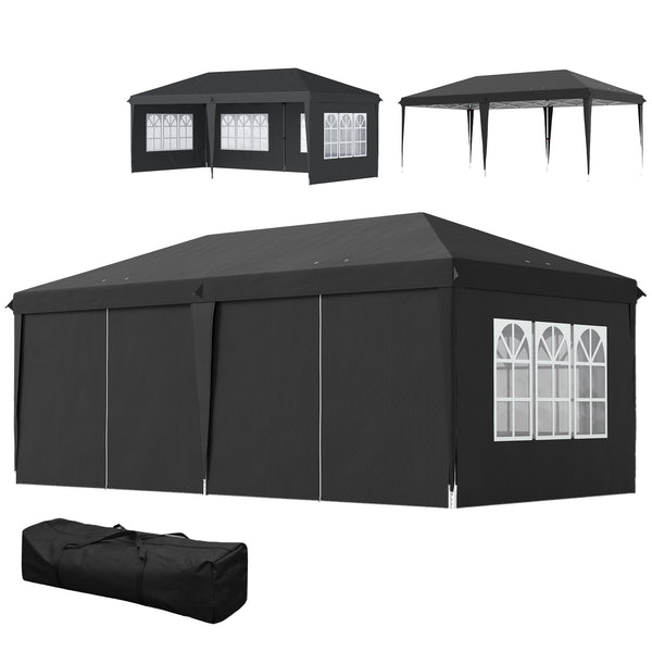 Tonnelle de jardin extérieure pop-up pliante - tente de réception - 3 x 6 m - pavillon chapiteau barnum - 3 cotés démontables - piquets d'ancrage au sol + sac de transport inclus noir