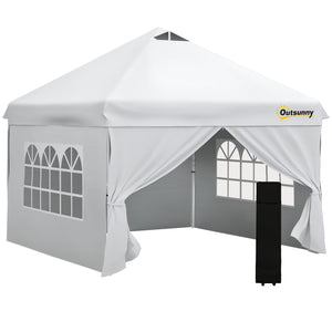 Tonnelle pop-up tente de jardin barnum 3x3 m hauteur réglable avec 4 parois latérales amovibles, fenêtres, sac de transport à roulettes - blanc