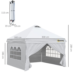 Tonnelle pop-up tente de jardin barnum 3x3 m hauteur réglable avec 4 parois latérales amovibles, fenêtres, sac de transport à roulettes - blanc