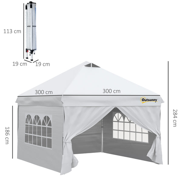 Tonnelle pop-up tente de jardin barnum 3x3 m hauteur réglable avec 4 parois latérales amovibles, fenêtres, sac de transport à roulettes - blanc