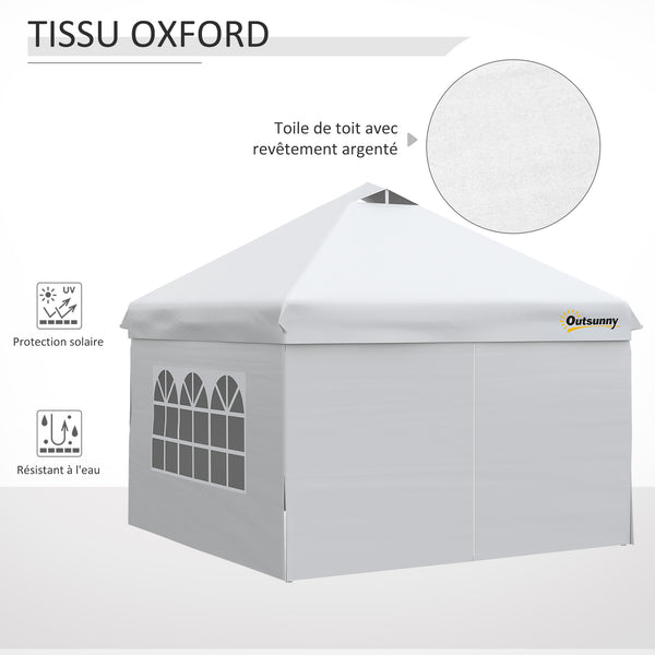 Tonnelle pop-up tente de jardin barnum 3x3 m hauteur réglable avec 4 parois latérales amovibles, fenêtres, sac de transport à roulettes - blanc