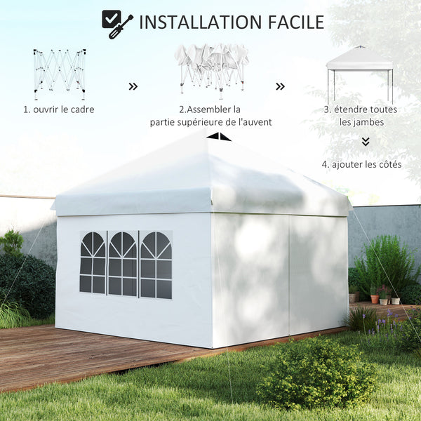 Tonnelle pop-up tente de jardin barnum 3x3 m hauteur réglable avec 4 parois latérales amovibles, fenêtres, sac de transport à roulettes - blanc