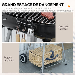Barbecue à charbon BBQ avec 2 roues, ustensiles, couvercle et étagère dim. 56L x 62l x 82H cm - métal émaillé noir