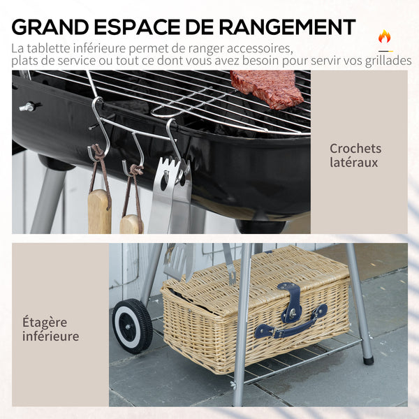 Barbecue à charbon BBQ avec 2 roues, ustensiles, couvercle et étagère dim. 56L x 62l x 82H cm - métal émaillé noir