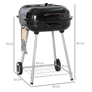 Barbecue à charbon BBQ avec 2 roues, ustensiles, couvercle et étagère dim. 56L x 62l x 82H cm - métal émaillé noir