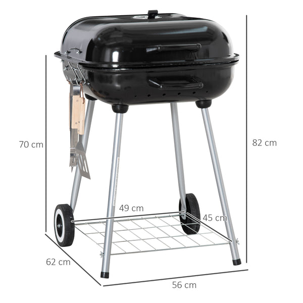 Barbecue à charbon BBQ avec 2 roues, ustensiles, couvercle et étagère dim. 56L x 62l x 82H cm - métal émaillé noir