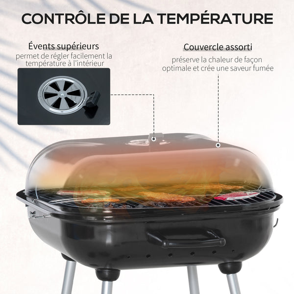 Barbecue à charbon BBQ avec 2 roues, ustensiles, couvercle et étagère dim. 56L x 62l x 82H cm - métal émaillé noir