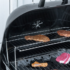 Barbecue à charbon BBQ avec 2 roues, ustensiles, couvercle et étagère dim. 56L x 62l x 82H cm - métal émaillé noir