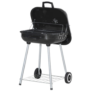 Barbecue à charbon BBQ avec 2 roues, ustensiles, couvercle et étagère dim. 56L x 62l x 82H cm - métal émaillé noir