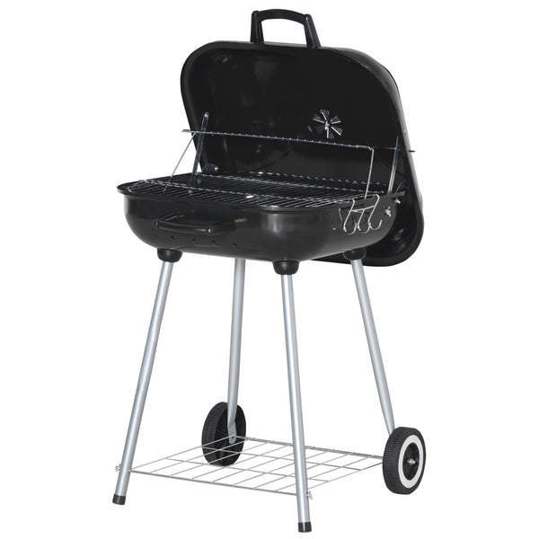 Barbecue à charbon BBQ avec 2 roues, ustensiles, couvercle et étagère dim. 56L x 62l x 82H cm - métal émaillé noir