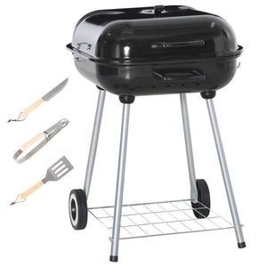 Barbecue à charbon BBQ avec 2 roues, ustensiles, couvercle et étagère dim. 56L x 62l x 82H cm - métal émaillé noir