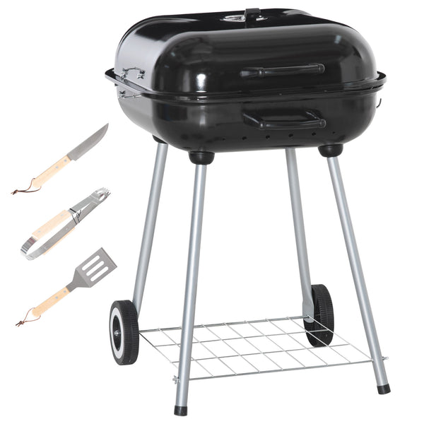 Barbecue à charbon BBQ avec 2 roues, ustensiles, couvercle et étagère dim. 56L x 62l x 82H cm - métal émaillé noir