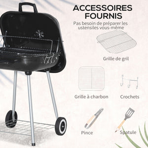 Barbecue à charbon BBQ avec 2 roues, ustensiles, couvercle et étagère dim. 56L x 62l x 82H cm - métal émaillé noir