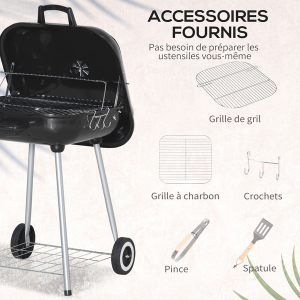 Barbecue à charbon BBQ avec 2 roues, ustensiles, couvercle et étagère dim. 56L x 62l x 82H cm - métal émaillé noir