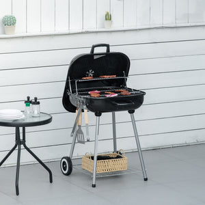 Barbecue à charbon BBQ avec 2 roues, ustensiles, couvercle et étagère dim. 56L x 62l x 82H cm - métal émaillé noir