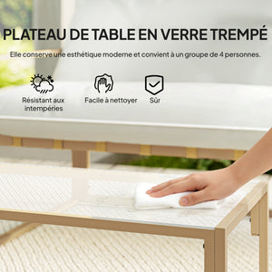 Salon de jardin extérieur 4 pièces avec coussins ultra-épais 15cm - ensemble mobilier de jardin et salon bas pour terrasse - canapé 2 places avec table basse et 2 fauteuils, cadre acier kaki