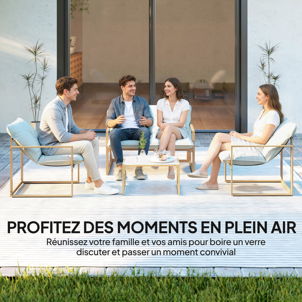 Salon de jardin extérieur 4 pièces avec coussins ultra-épais 15cm - ensemble mobilier de jardin et salon bas pour terrasse - canapé 2 places avec table basse et 2 fauteuils, cadre acier kaki