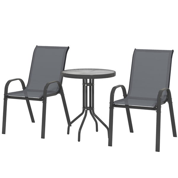 3 pièces salon de jardin extérieur, ensemble de meubles 2 fauteuils empilables, table basse avec dessus en verre trempé, tissu en textilène, pour patio, terrasse, balcon, gris foncé