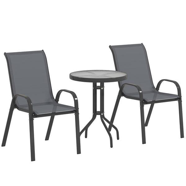 3 pièces salon de jardin extérieur, ensemble de meubles 2 fauteuils empilables, table basse avec dessus en verre trempé, tissu en textilène, pour patio, terrasse, balcon, gris foncé
