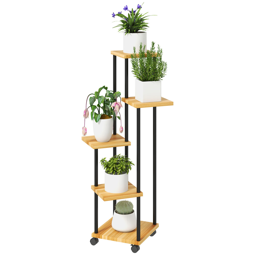 Support à plantes à 5 niveaux pour intérieur et extérieur, étagère plante avec 4 roues, porte plantes en acier et bois pour jardin, terrasse, balcon, salon, bois naturel