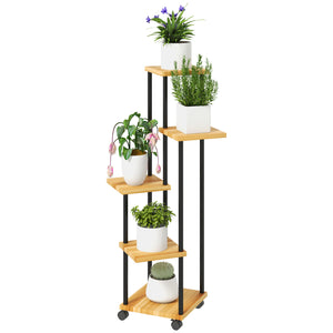 Support à plantes à 5 niveaux pour intérieur et extérieur, étagère plante avec 4 roues, porte plantes en acier et bois pour jardin, terrasse, balcon, salon, bois naturel
