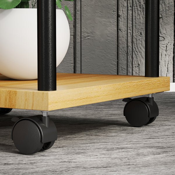 Support à plantes à 5 niveaux pour intérieur et extérieur, étagère plante avec 4 roues, porte plantes en acier et bois pour jardin, terrasse, balcon, salon, bois naturel