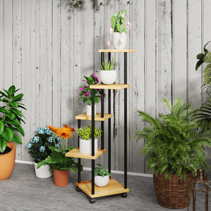 Support à plantes à 5 niveaux pour intérieur et extérieur, étagère plante avec 4 roues, porte plantes en acier et bois pour jardin, terrasse, balcon, salon, bois naturel