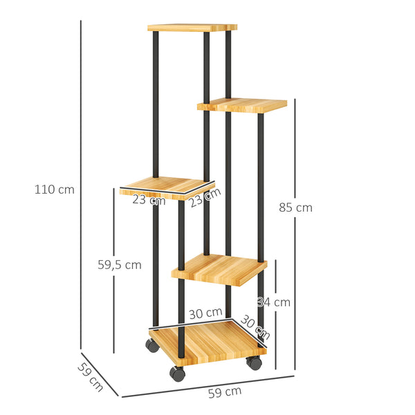 Support à plantes à 5 niveaux pour intérieur et extérieur, étagère plante avec 4 roues, porte plantes en acier et bois pour jardin, terrasse, balcon, salon, bois naturel