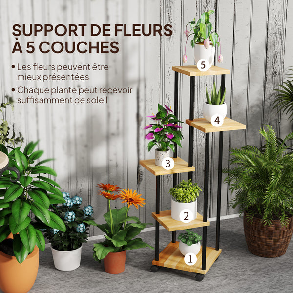Support à plantes à 5 niveaux pour intérieur et extérieur, étagère plante avec 4 roues, porte plantes en acier et bois pour jardin, terrasse, balcon, salon, bois naturel