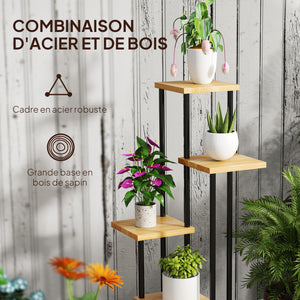 Support à plantes à 5 niveaux pour intérieur et extérieur, étagère plante avec 4 roues, porte plantes en acier et bois pour jardin, terrasse, balcon, salon, bois naturel