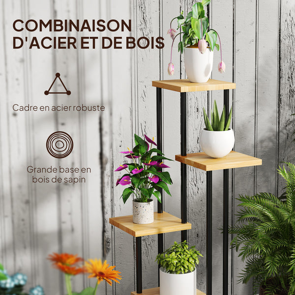 Support à plantes à 5 niveaux pour intérieur et extérieur, étagère plante avec 4 roues, porte plantes en acier et bois pour jardin, terrasse, balcon, salon, bois naturel