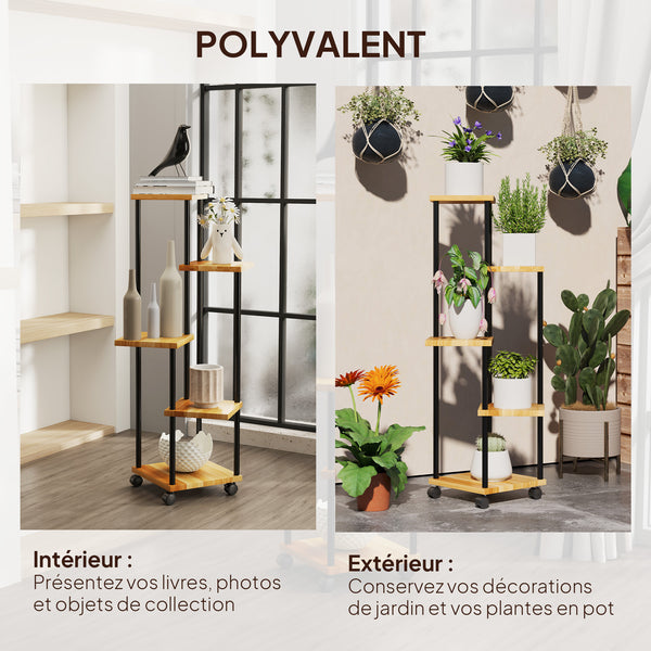 Support à plantes à 5 niveaux pour intérieur et extérieur, étagère plante avec 4 roues, porte plantes en acier et bois pour jardin, terrasse, balcon, salon, bois naturel
